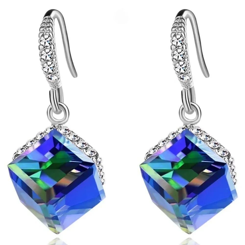 14K White Gold with Midnight Blue AB and Diamond Austrian Crystal Cube Earrings